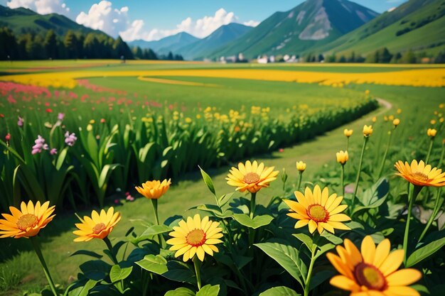 various flowers on the green grass and the mountains in the distance are blue sky white clouds