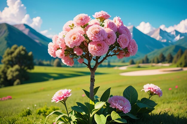 Various flowers on the green grass and the mountains in the distance are blue sky white clouds