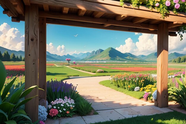 various flowers on the green grass and the mountains in the distance are blue sky white clouds