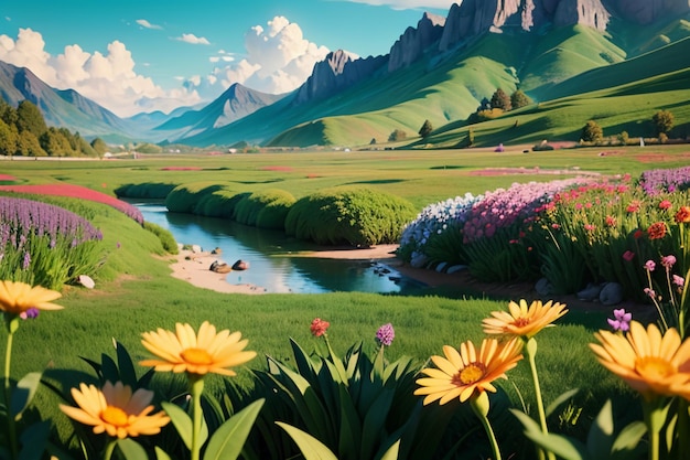 Различные цветы на зеленой траве и горы на расстоянии - голубое небо, белые облака.