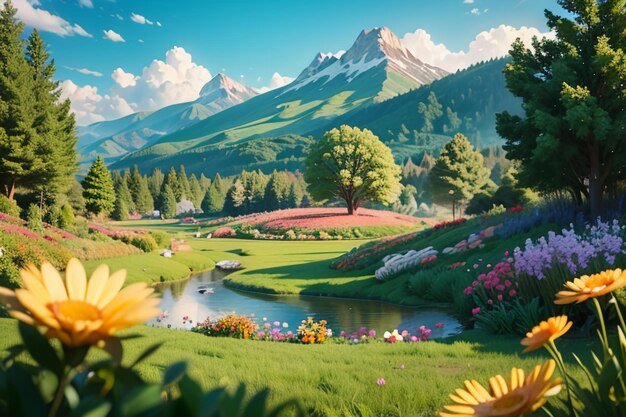 various flowers on the green grass and the mountains in the distance are blue sky white clouds