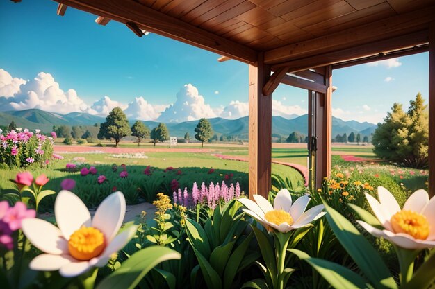 Photo various flowers on the green grass and the mountains in the distance are blue sky white clouds