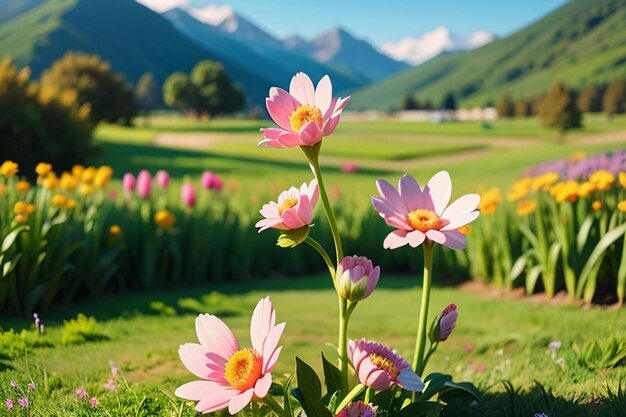 various flowers on the green grass and the mountains in the distance are blue sky white clouds