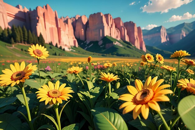 Various flowers on the green grass and the mountains in the distance are blue sky white clouds