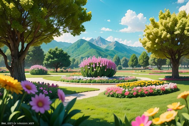 Photo various flowers on the green grass and the mountains in the distance are blue sky white clouds