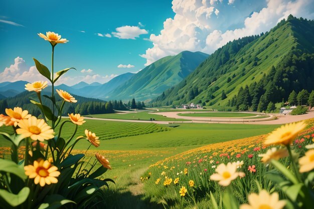 Various flowers on the green grass and the mountains in the distance are blue sky white clouds