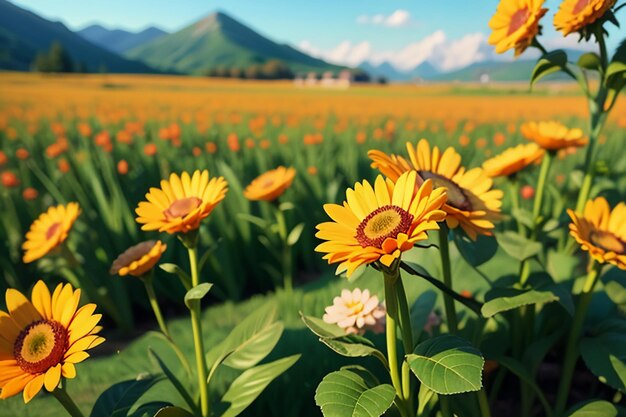 Various flowers on the green grass and the mountains in the distance are blue sky white clouds