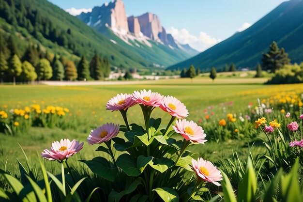 Various flowers on the green grass and the mountains in the distance are blue sky white clouds