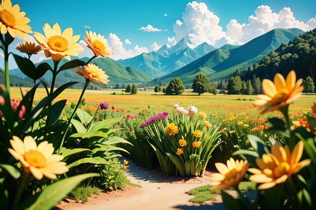 Various flowers on the green grass and the mountains in the distance are blue sky white clouds