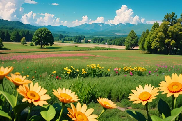 various flowers on the green grass and the mountains in the distance are blue sky white clouds