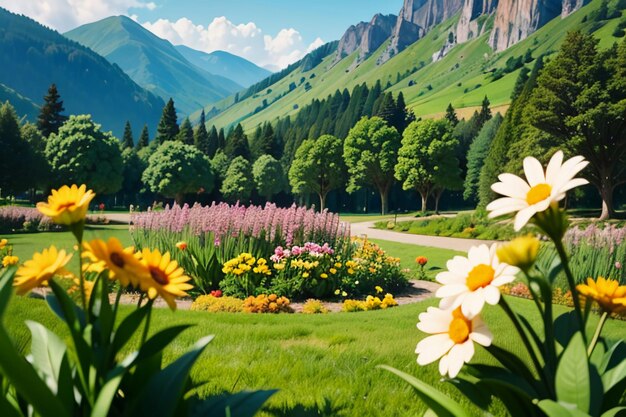 Various flowers on the green grass and the mountains in the distance are blue sky white clouds