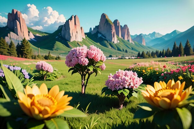 Various flowers on the green grass and the mountains in the distance are blue sky white clouds