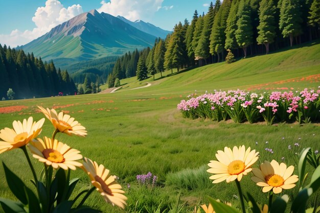 Various flowers on the green grass and the mountains in the distance are blue sky white clouds