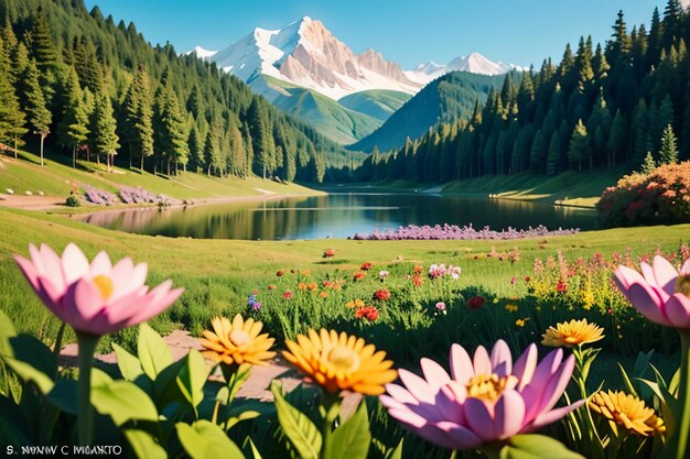 Various flowers on the green grass and the mountains in the distance are blue sky white clouds