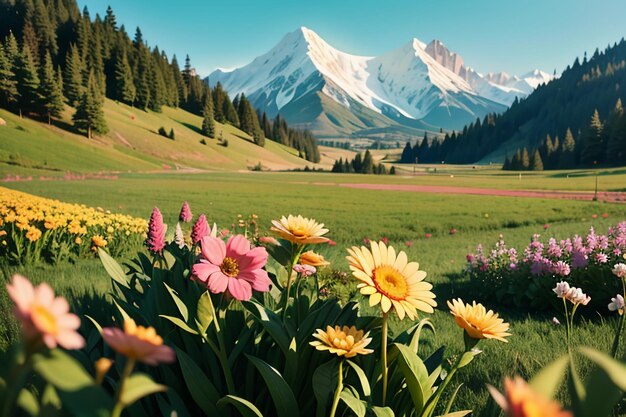 Various flowers on the green grass and the mountains in the distance are blue sky white clouds