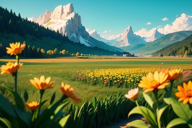 Various flowers on the green grass and the mountains in the distance are blue sky white clouds