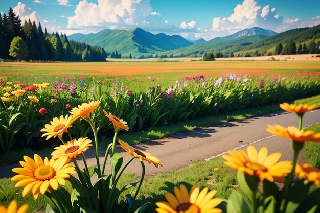 various flowers on the green grass and the mountains in the distance are blue sky white clouds