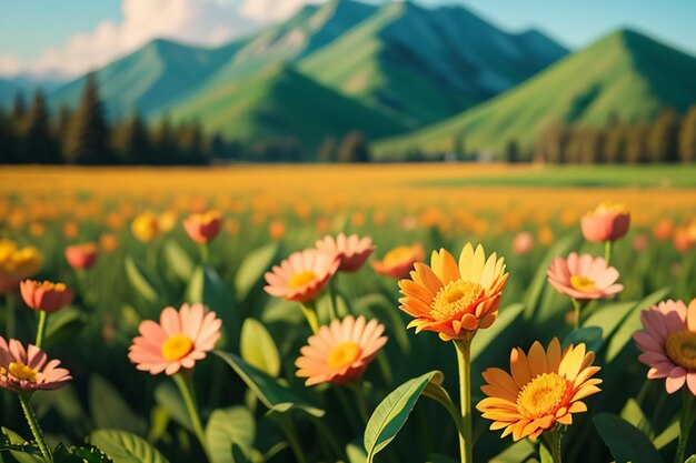 Various flowers on the green grass and the mountains in the distance are blue sky white clouds