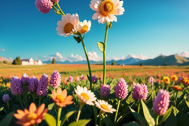 Various flowers on the green grass and the mountains in the distance are blue sky white clouds