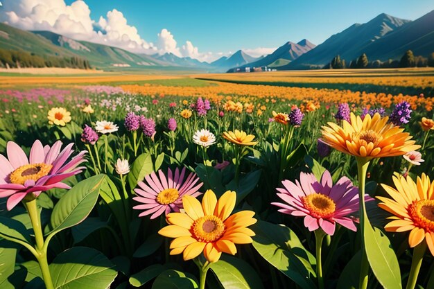 Various flowers on the green grass and the mountains in the distance are blue sky white clouds