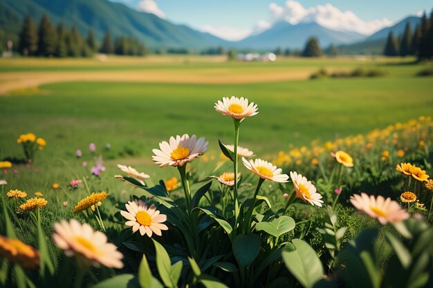 Various flowers on the green grass and the mountains in the distance are blue sky white clouds