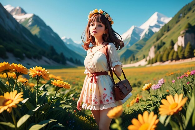 Various flowers on the green grass and the mountains in the distance are blue sky white clouds