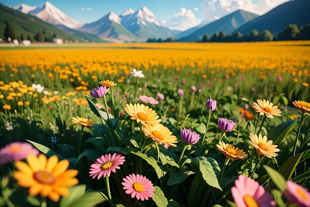 Various flowers on the green grass and the mountains in the distance are blue sky white clouds