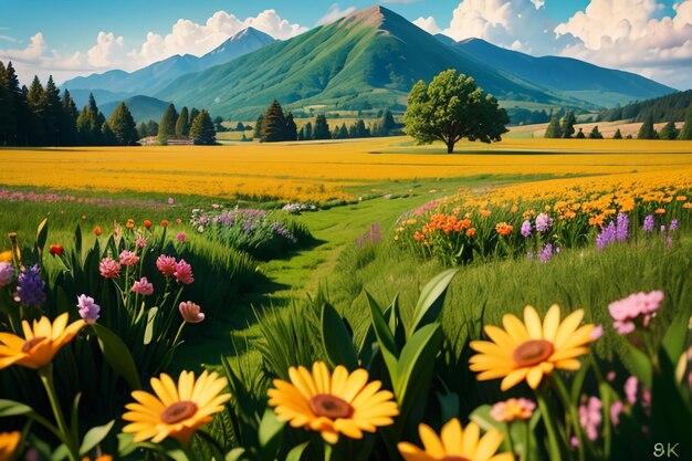 Various flowers on the green grass and the mountains in the distance are blue sky white clouds