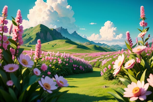 Various flowers on the green grass and the mountains in the distance are blue sky white clouds