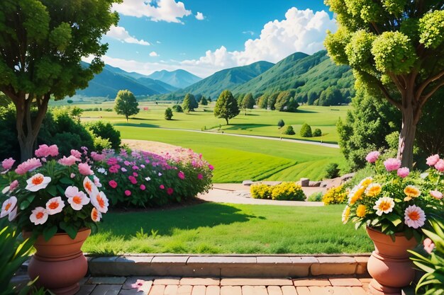 Photo various flowers on the green grass and the mountains in the distance are blue sky white clouds