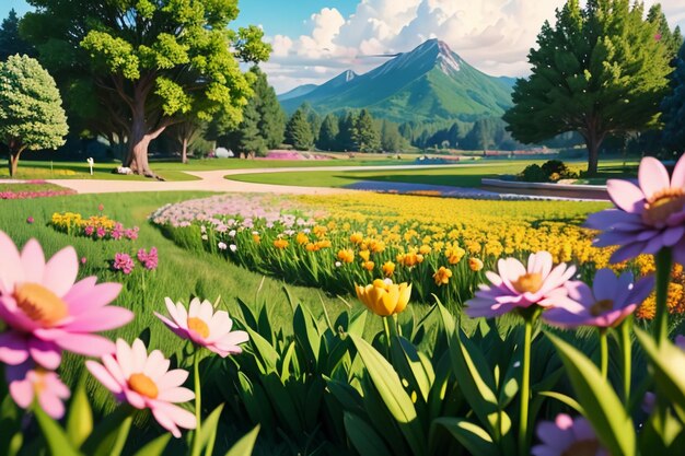 Various flowers on the green grass and the mountains in the distance are blue sky white clouds