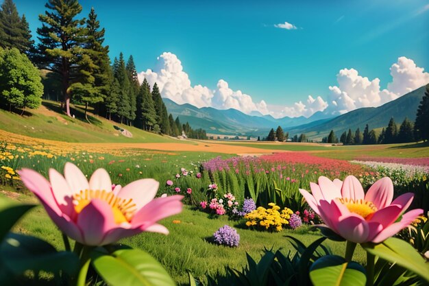 Various flowers on the green grass and the mountains in the distance are blue sky white clouds