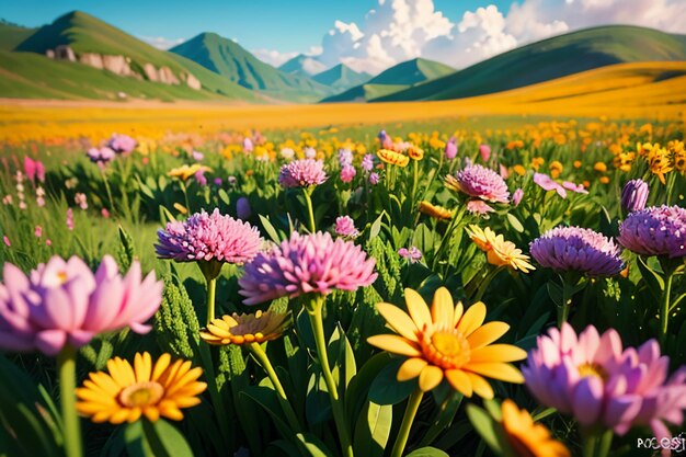 Various flowers on the green grass and the mountains in the distance are blue sky white clouds