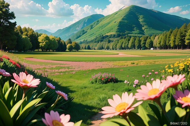 Various flowers on the green grass and the mountains in the distance are blue sky white clouds