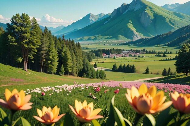 Various flowers on the green grass and the mountains in the distance are blue sky white clouds