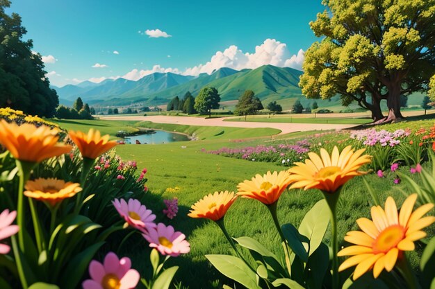 Various flowers on the green grass and the mountains in the distance are blue sky white clouds