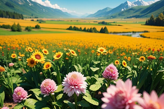 Various flowers on the green grass and the mountains in the distance are blue sky white clouds