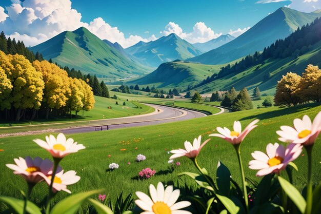 Various flowers on the green grass and the mountains in the distance are blue sky white clouds