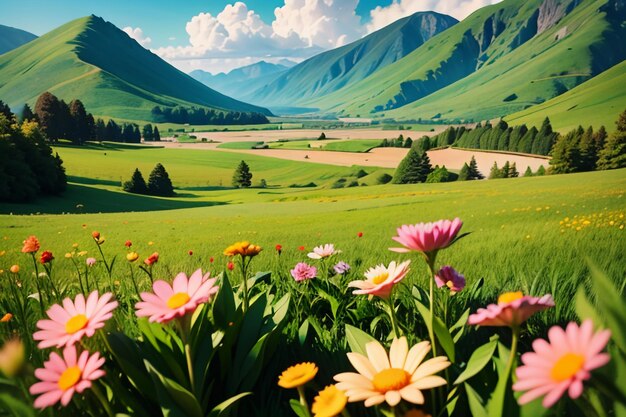 Various flowers on the green grass and the mountains in the distance are blue sky white clouds