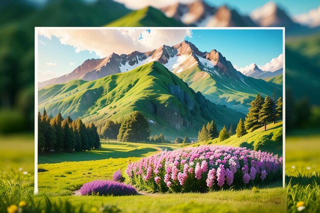 Various flowers on the green grass and the mountains in the distance are blue sky white clouds