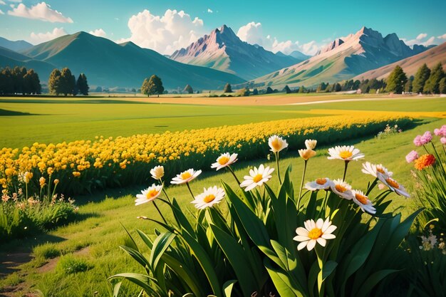 Various flowers on the green grass and the mountains in the distance are blue sky white clouds