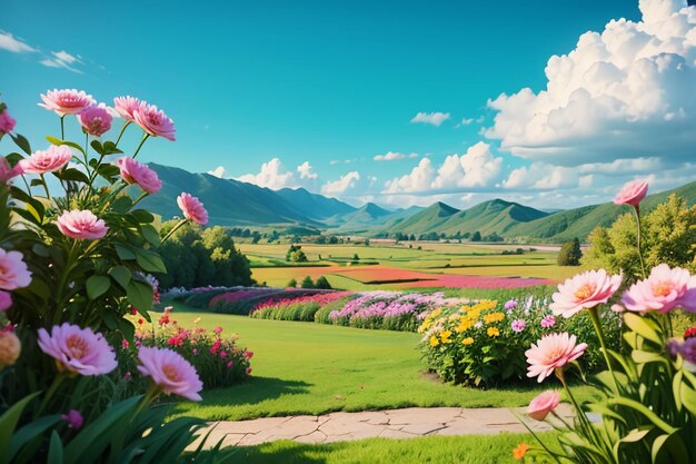 Various flowers on the green grass and the mountains in the distance are blue sky white clouds