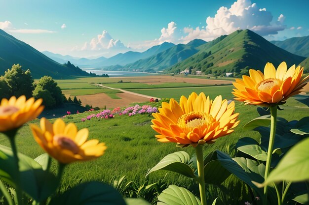 Various flowers on the green grass and the mountains in the distance are blue sky white clouds