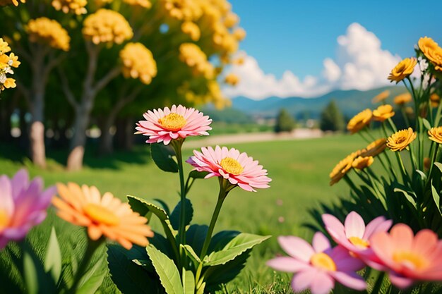 緑の草の上のさまざまな花と遠くの山は青い空白い雲です