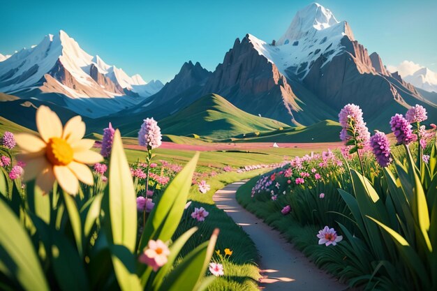 Various flowers on the green grass and the mountains in the distance are blue sky white clouds