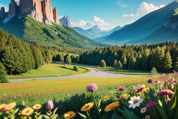 Photo various flowers on the green grass and the mountains in the distance are blue sky white clouds