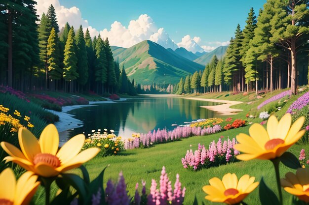 Various flowers on the green grass and the mountains in the distance are blue sky white clouds