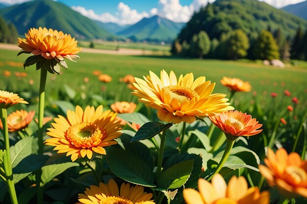 Various flowers on the green grass and the mountains in the distance are blue sky white clouds