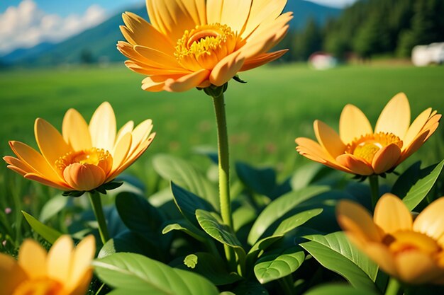 various flowers on the green grass and the mountains in the distance are blue sky white clouds