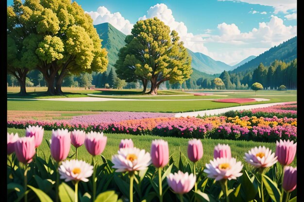 Various flowers on the green grass and the mountains in the distance are blue sky white clouds